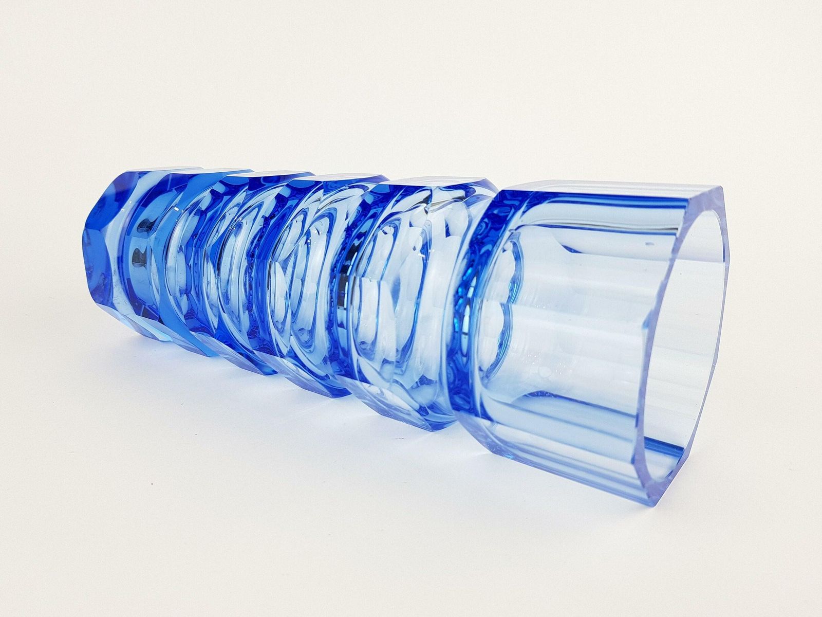Vintage Stunning Blue Veb Glaswerke Schmiedefeld By Oldrich Lipsky Octagonal Facetted Crystal Glass Exbor Vase 1960s 1970s photo for sale