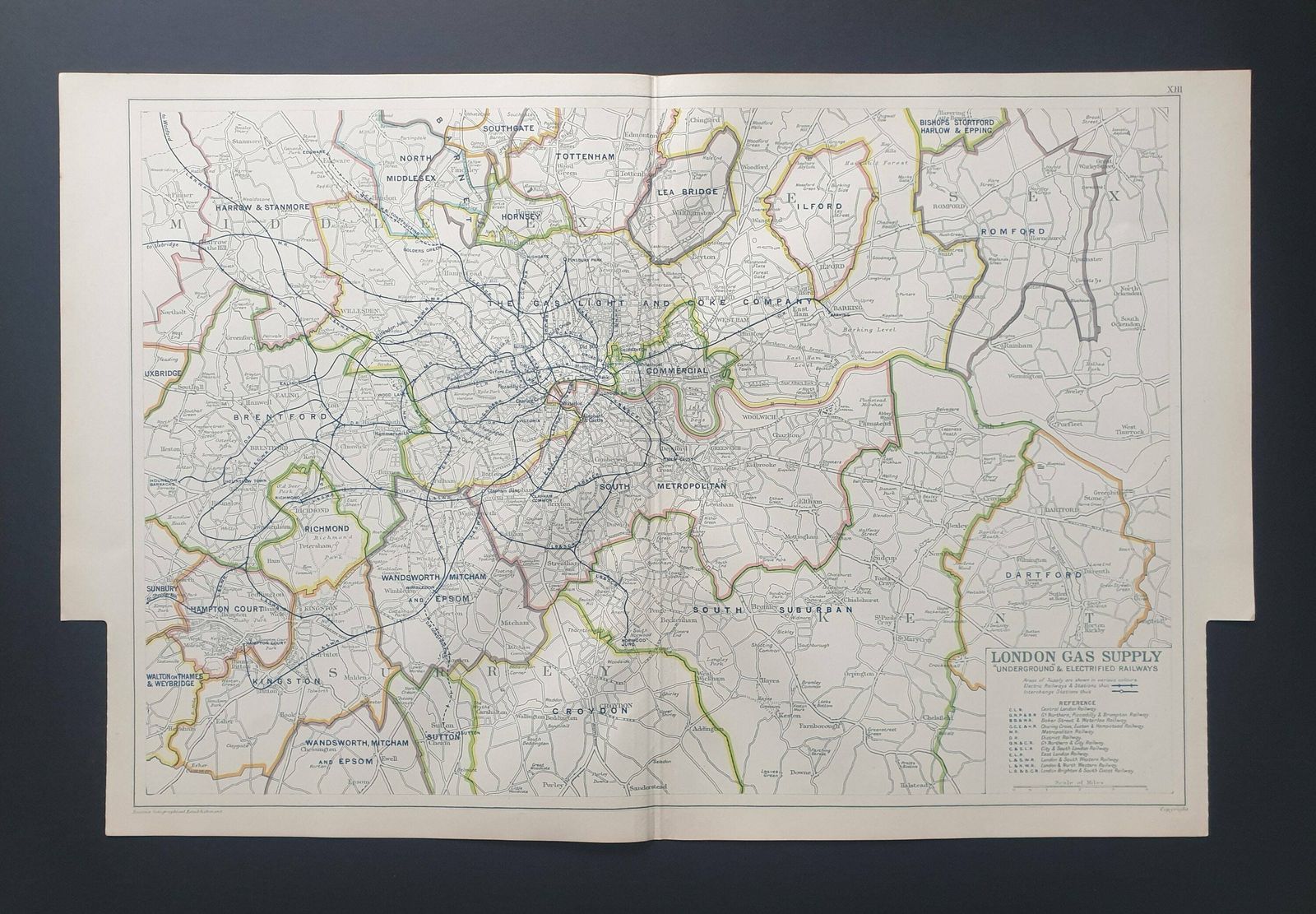 London Gas Supply And Underground And Electrified Railways   Original Large 1929 London Map
