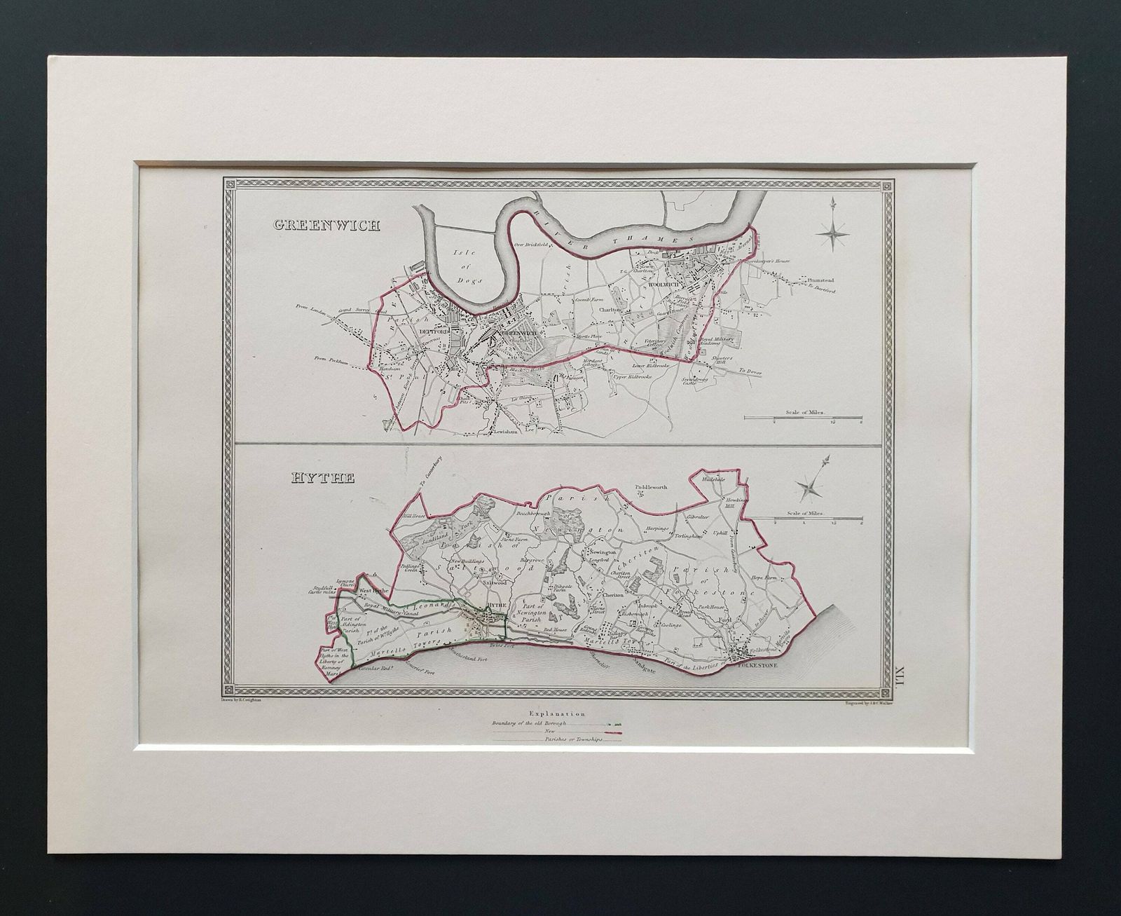 Greenwich And Hythe   Original 1835 Map In Mount