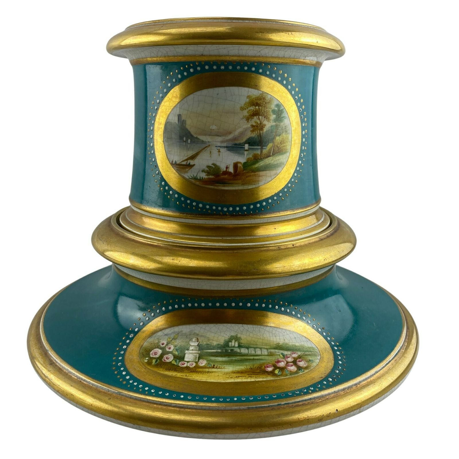 19th Century Porcelain Stand With Inscription   1873   Jardinier   Planter   Gilt & Turquoise   Country House Decor photo Home Decor