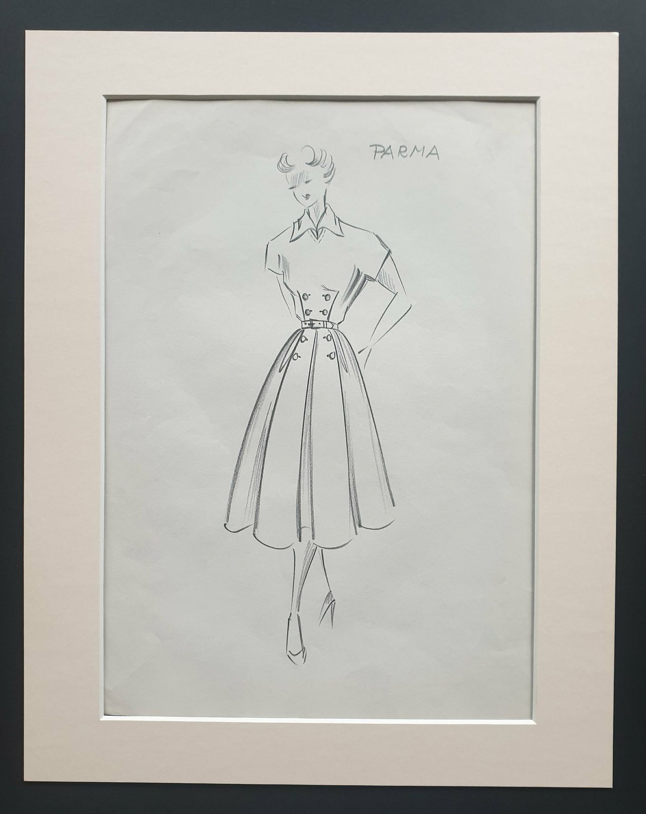 Parma   Original 1951 Fashion Design Sketch In Pencil (In Mount)