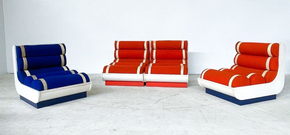 Pair Of Italian Mid Century Modern Red & Blue Armchairs photo furniture