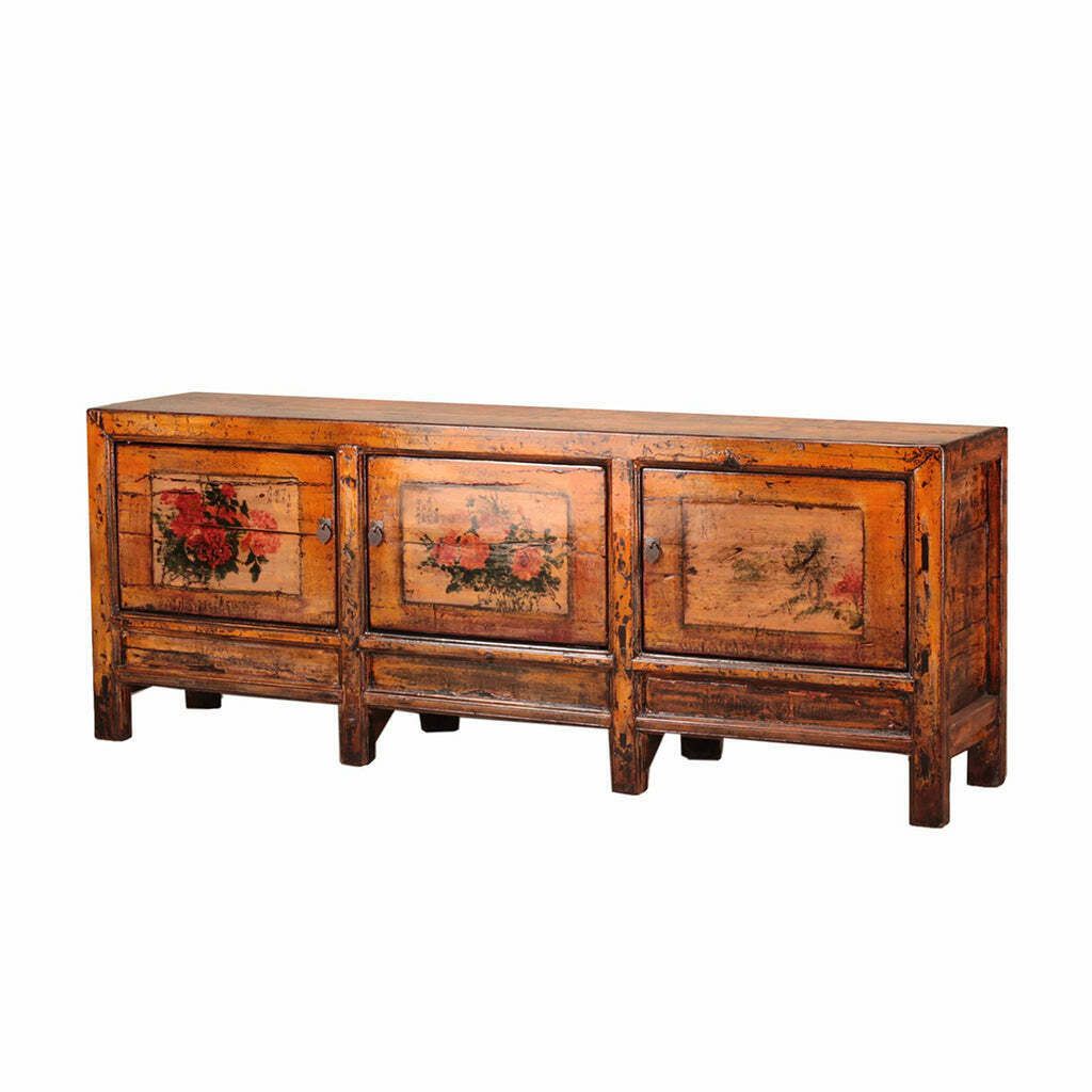 Orange Vintage Sideboard With Hand Painted Peony Detail
