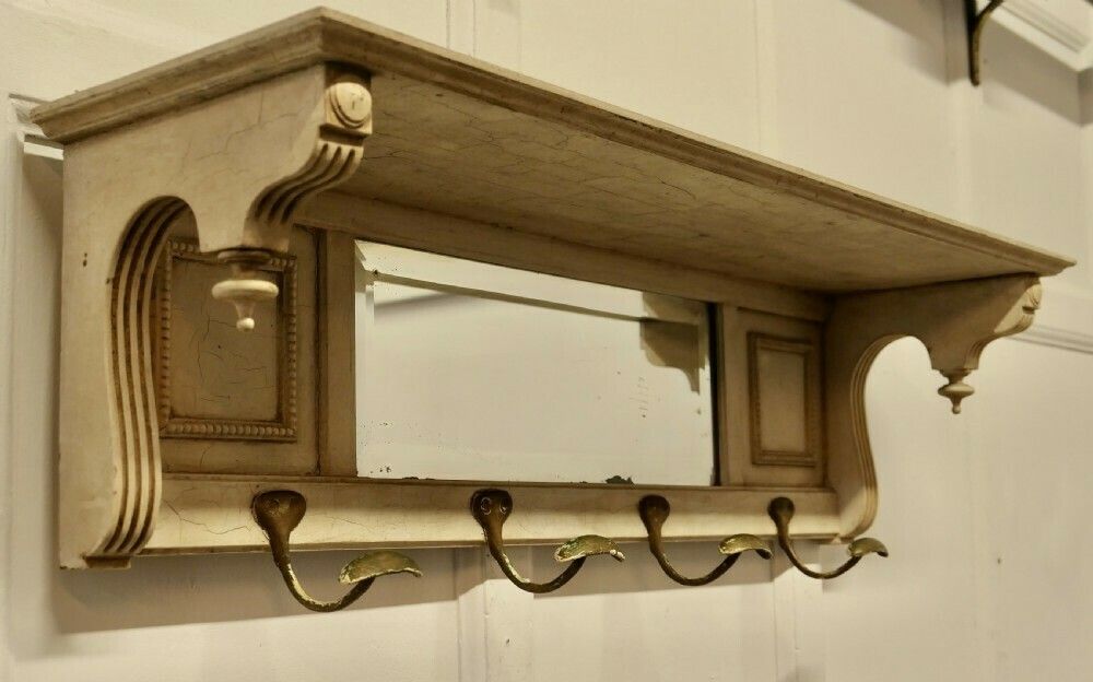 Arts And Crafts French Painted Wall Mirror With Shelf And Coat Hooks photo for sale