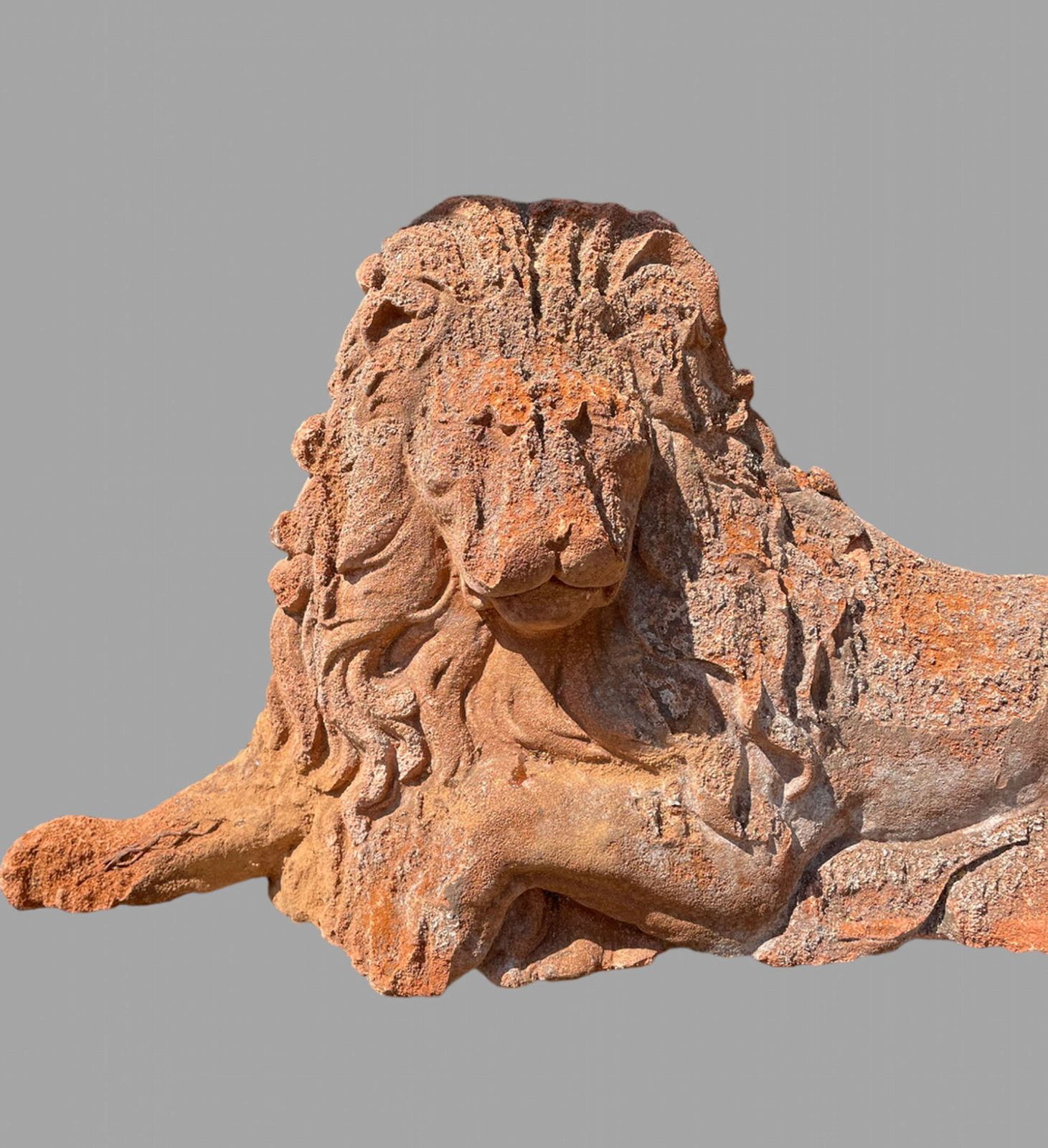 Pair Of Weathered Terracotta Lion Garden Ornaments photo for sale