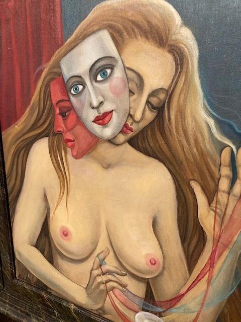 Surrealist Oil Painting On Canvas 20th Century Conchita Amata. "Woman And Masks" Size: 80 X 70 photo for sale