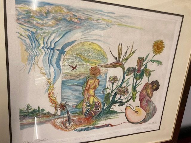 Surrealist Watercolor Etching Gordon Farghetter 1976 In Polished Brass Frame. photo vintage
