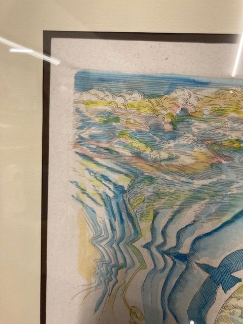 489.84 Surrealist Watercolor Etching Gordon Farghetter 1976 In Polished Brass Frame. photo