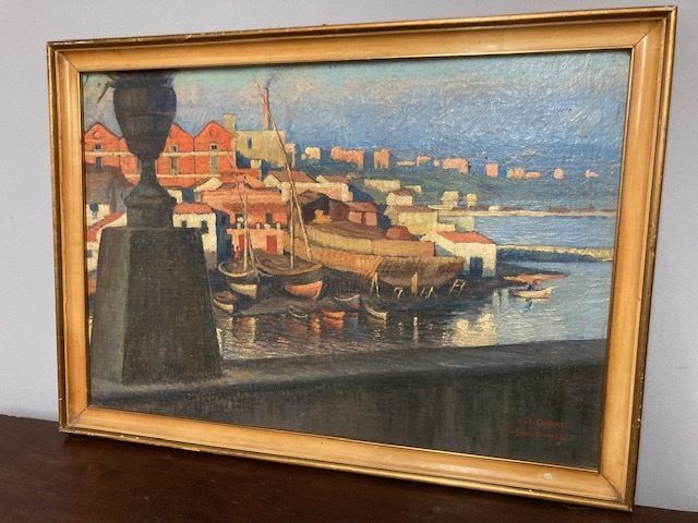 Ancient Painting "City Of Taranto" By Artist Dante Canasi 1925. Oil On Faseite
