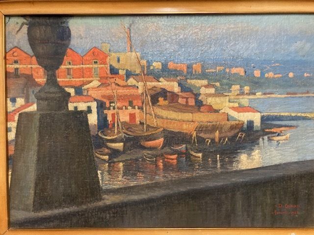 Ancient Painting "City Of Taranto" By Artist Dante Canasi 1925. Oil On Faseite photo furniture
