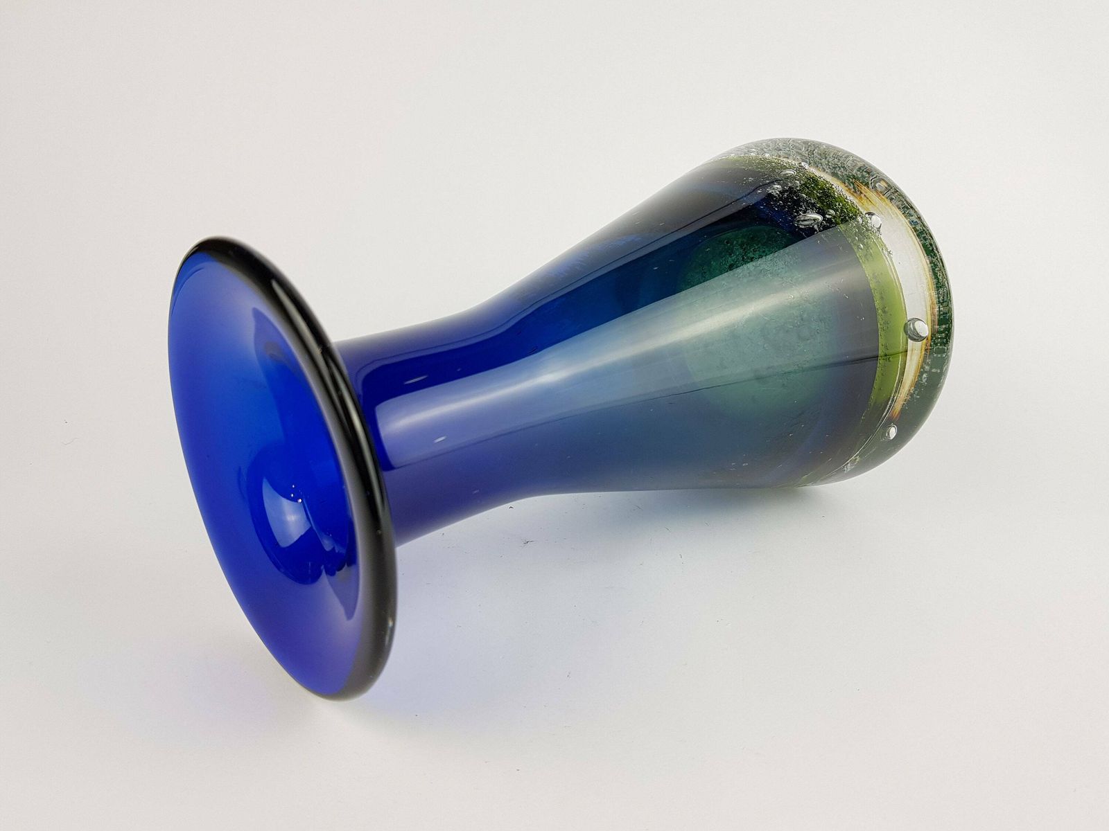 Vintage 1960 70s Schott Zwiesel Blue And Green Glass Design Vase With Bubbles By Heinrich Löffelhardt West Germany photo Home Decor