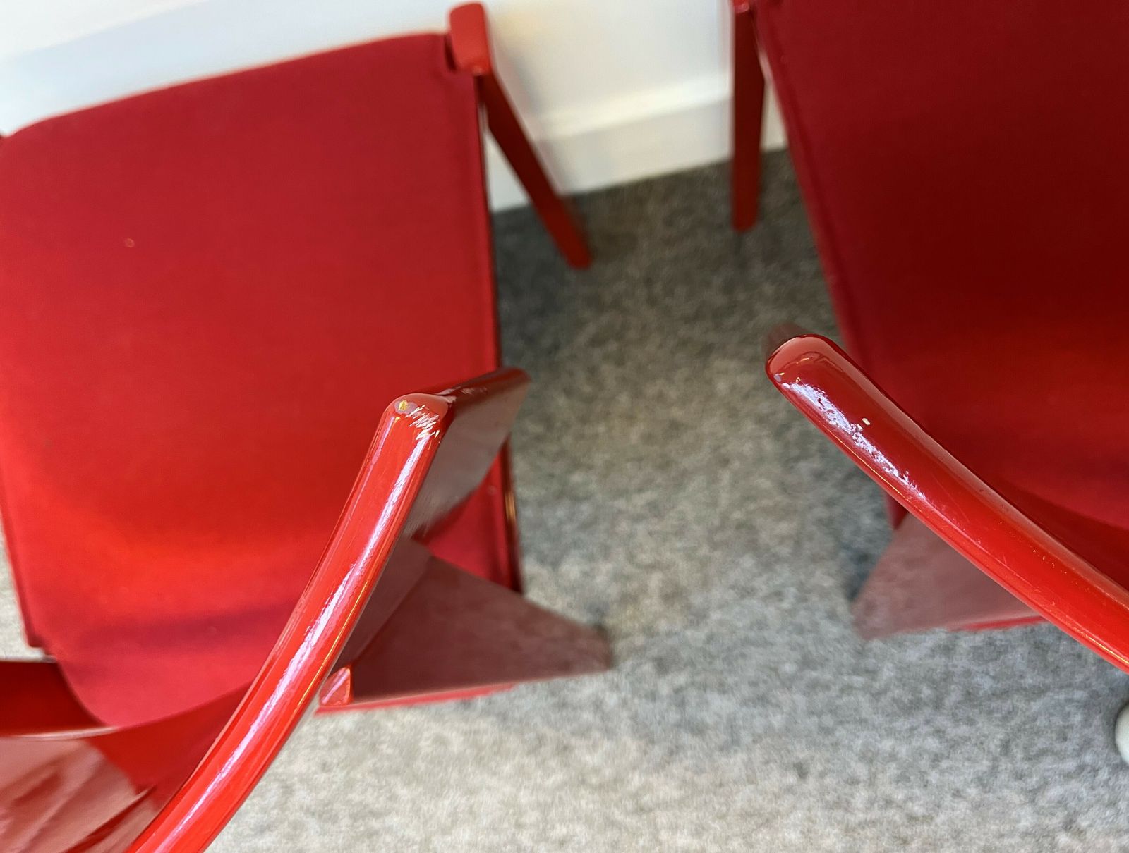 Vintage Red Lacquered Felt Fabric Chairs | Mid Century Design | Seating For Home & Office Use photo for sale