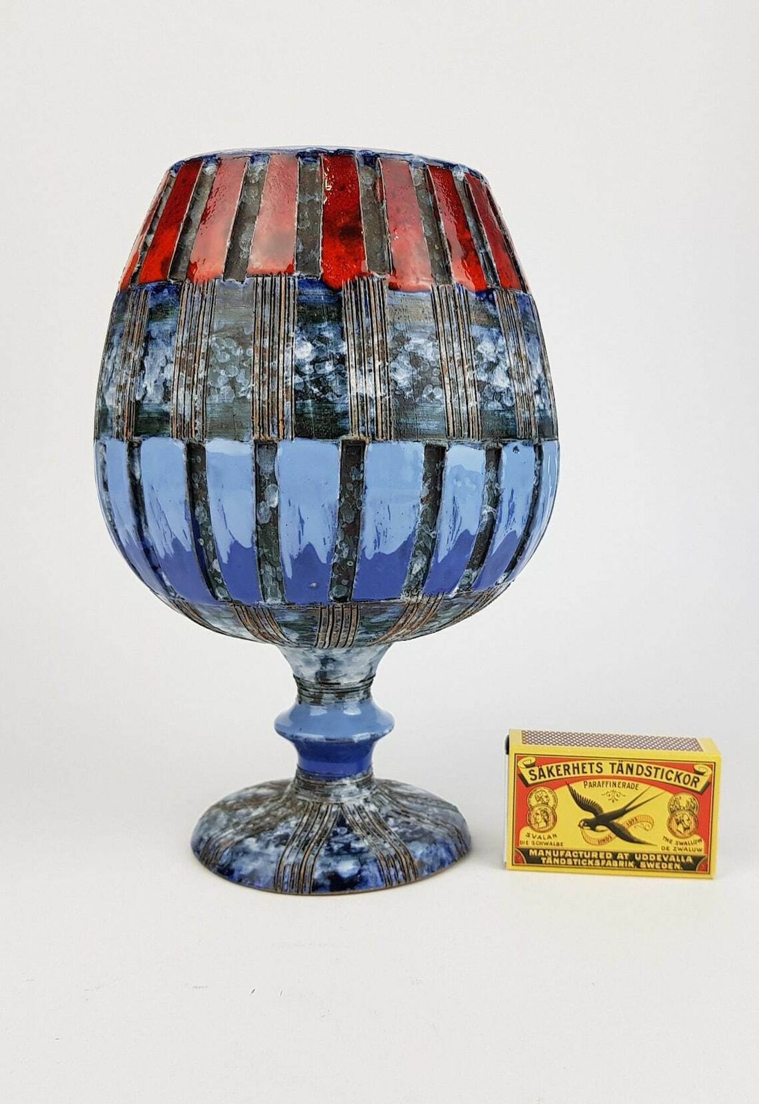 Vintage Blue Red Striped Chalice Goblet Planter Italian Pottery Attributed To Fratelli Fanciulacci 1960s photo furniture