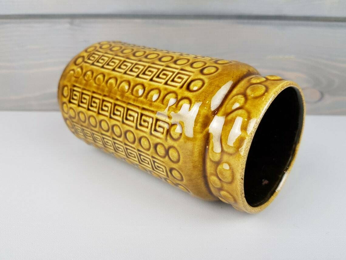 Vintage Akru Keramik (Alfred Krupp) Olive Green Vase West German Pottery Fat Lav photo for sale