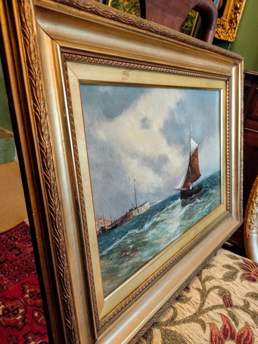 Oil Painting   Fisherman Homeward Bound In Rough Seas photo for sale