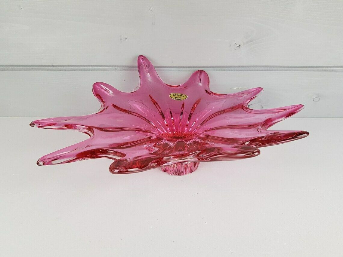 Vintage Chribska Glassworks Bohemian Cased Glass Pink Bowl By Josef Hospodka Czechoslovakia 1970s photo furniture