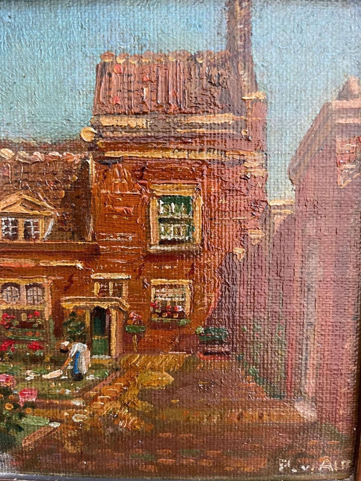 An Acrylic On Canvas Of The Frontal Façade Of A Dutch ‘Hofje photo for sale