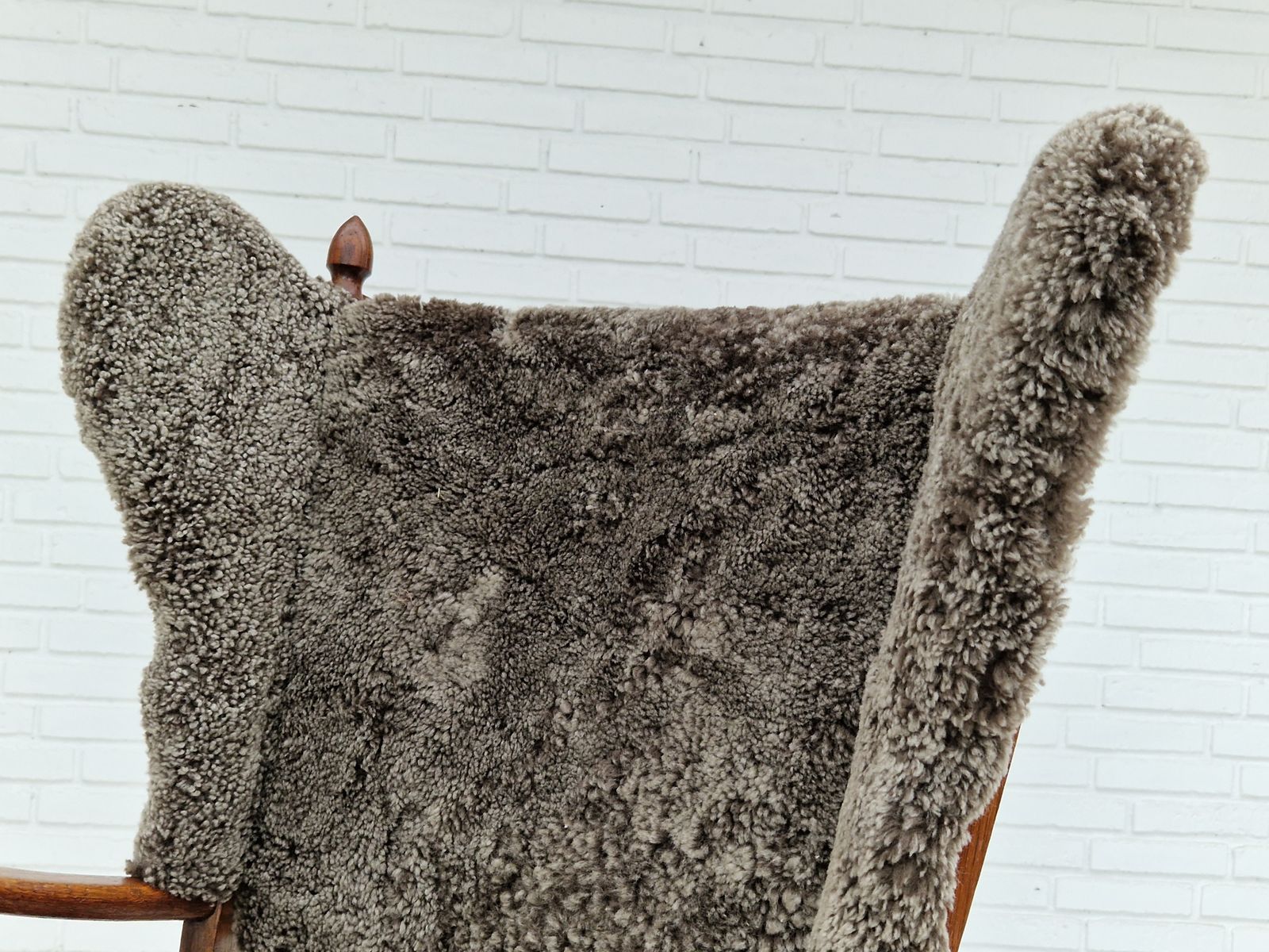 photo furniture 1960s, Danish Design, Renovated Reupholstered High Back Ear Flap Chair, Sheepskin, Oak Wood.