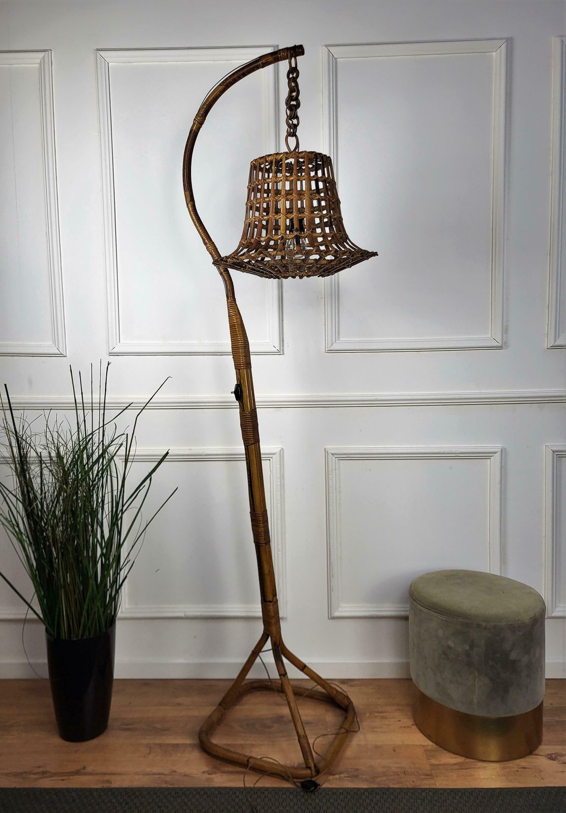 1960s Italian Bamboo Rattan Bohemian Modernist Tall Floor Lamp Hanging Lantern photo furniture