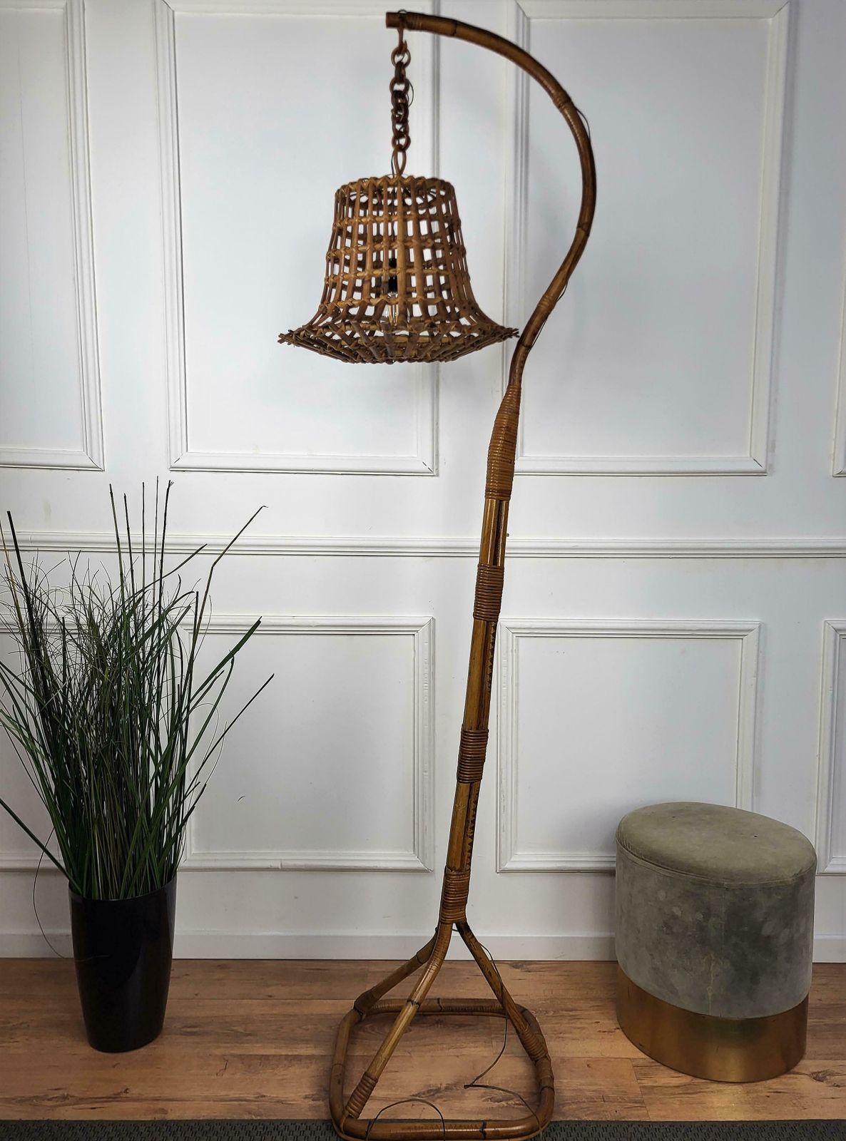 photo furniture 1960s Italian Bamboo Rattan Bohemian Modernist Tall Floor Lamp Hanging Lantern