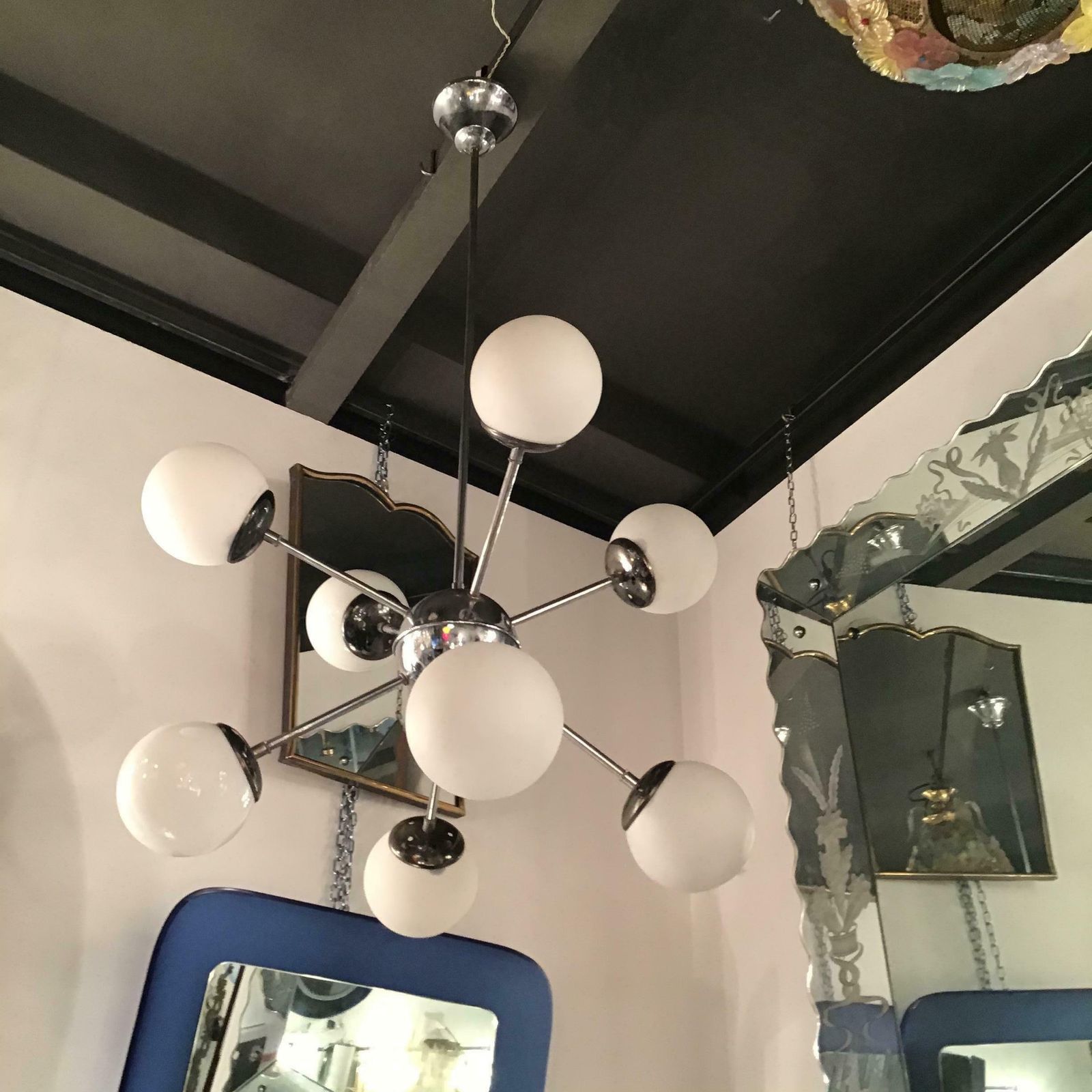 Stilnovo Chandelier 8 Light Metal Crome Opal Glass Or Shiny Glass 1958 Italy photo buy