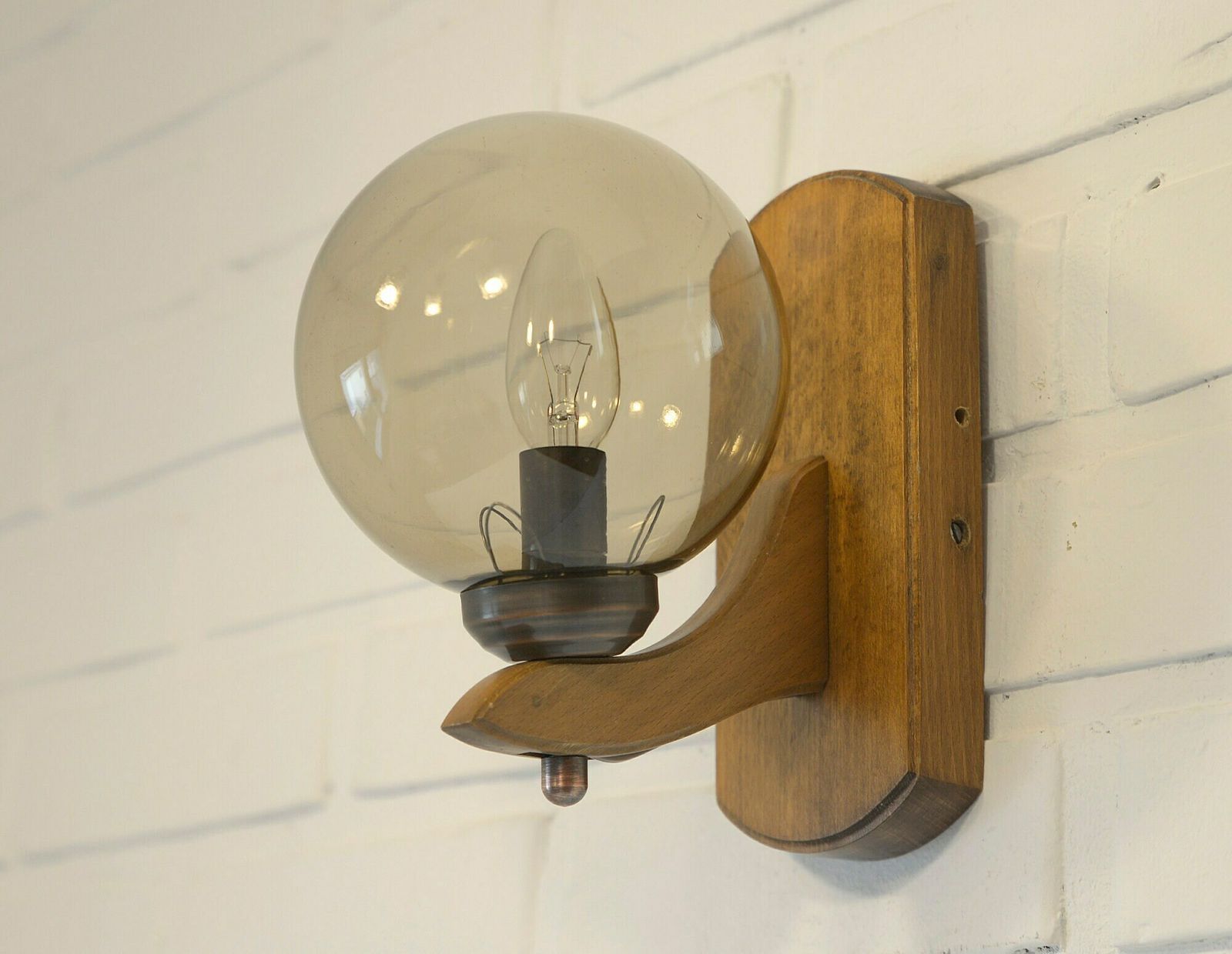 Vintage Wooden Wall Lamp / Made In Yugoslavia 80's / Mid Century Modern Lighting / Smoked Glass Space Age Light Fixture photo Lighting