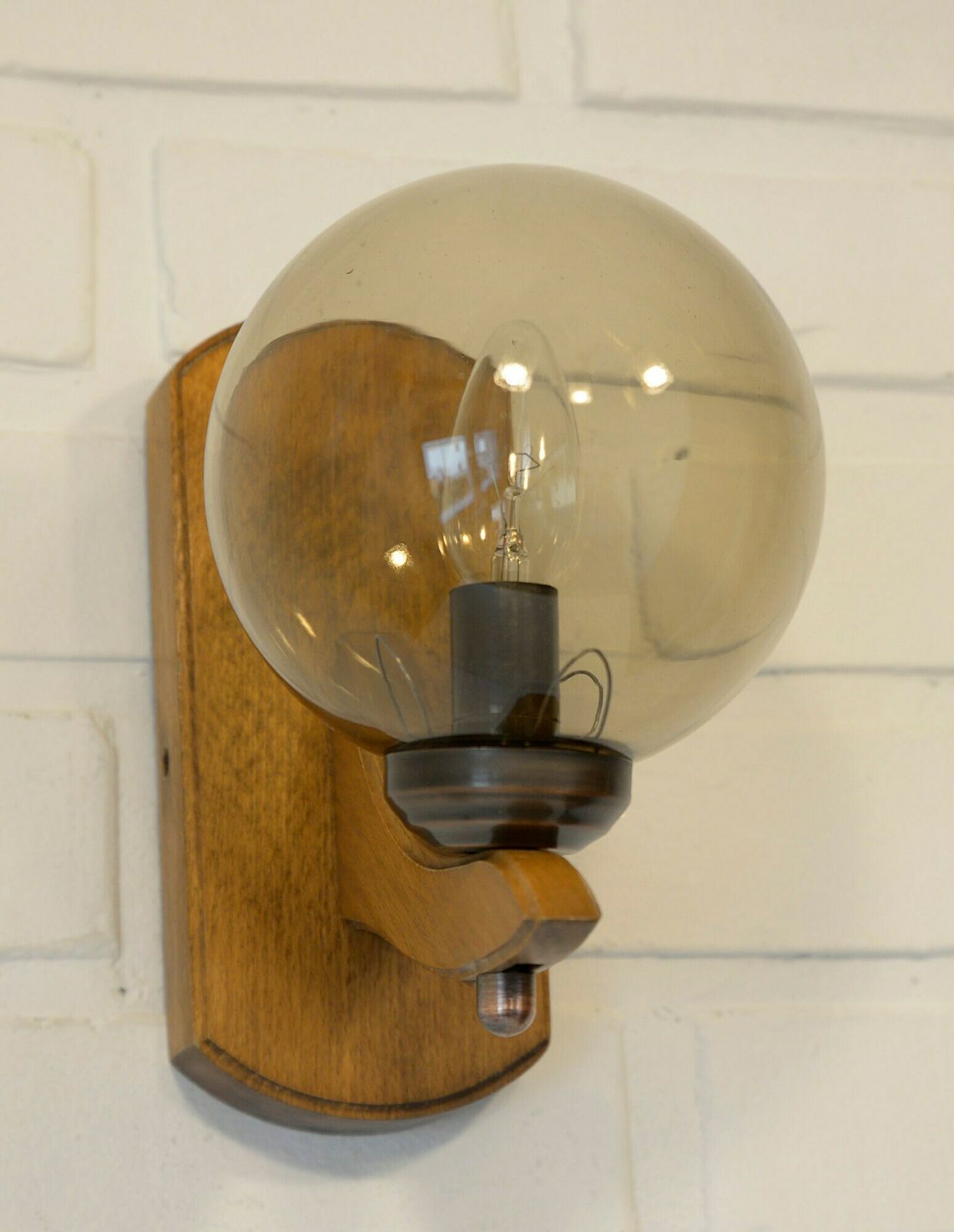 Vintage Wooden Wall Lamp / Made In Yugoslavia 80's / Mid Century Modern Lighting / Smoked Glass Space Age Light Fixture photo vinterior