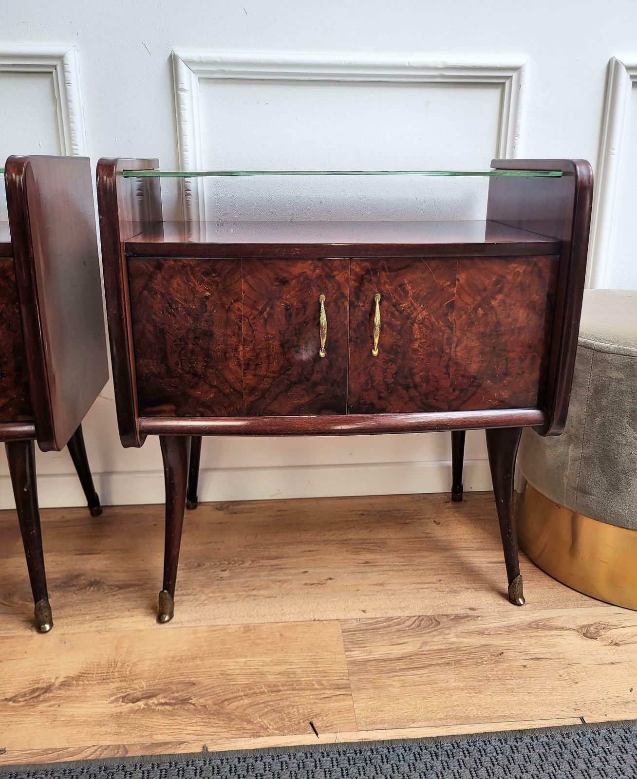Italian Midcentury Art Deco Night Stands Bedside Tables Wood Brass & Glass photo furniture