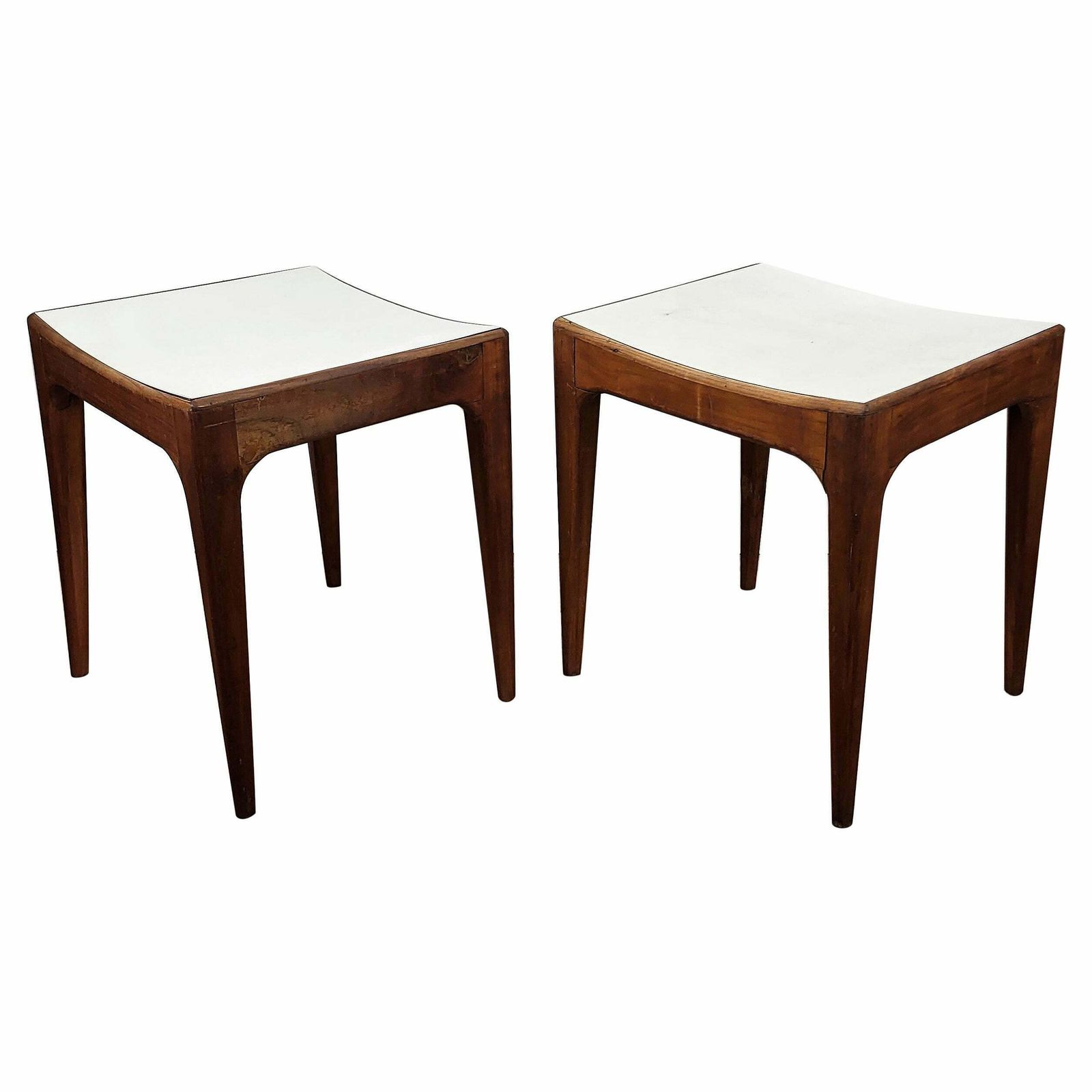 Mid Century Modern Italian White Lacquered Curved Seat Wooden Stool Side Table