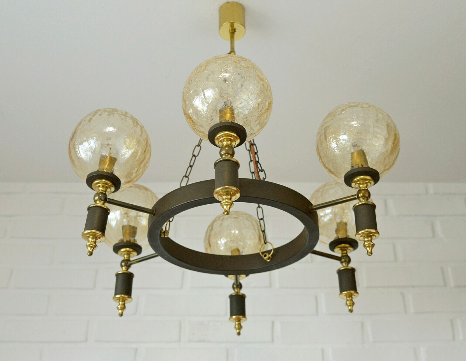 Vintage Castle Chandelier / Rustic Pendant Light / Six Arms Hanging Lamp / Ceiling Light / Yugoslavia 70's / Amber Glass photo vinterior