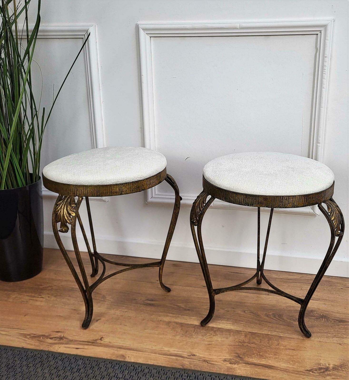Pair Of Mid Century Italian Brass And White Upholstery Tripod Stools Bench photo 835.0