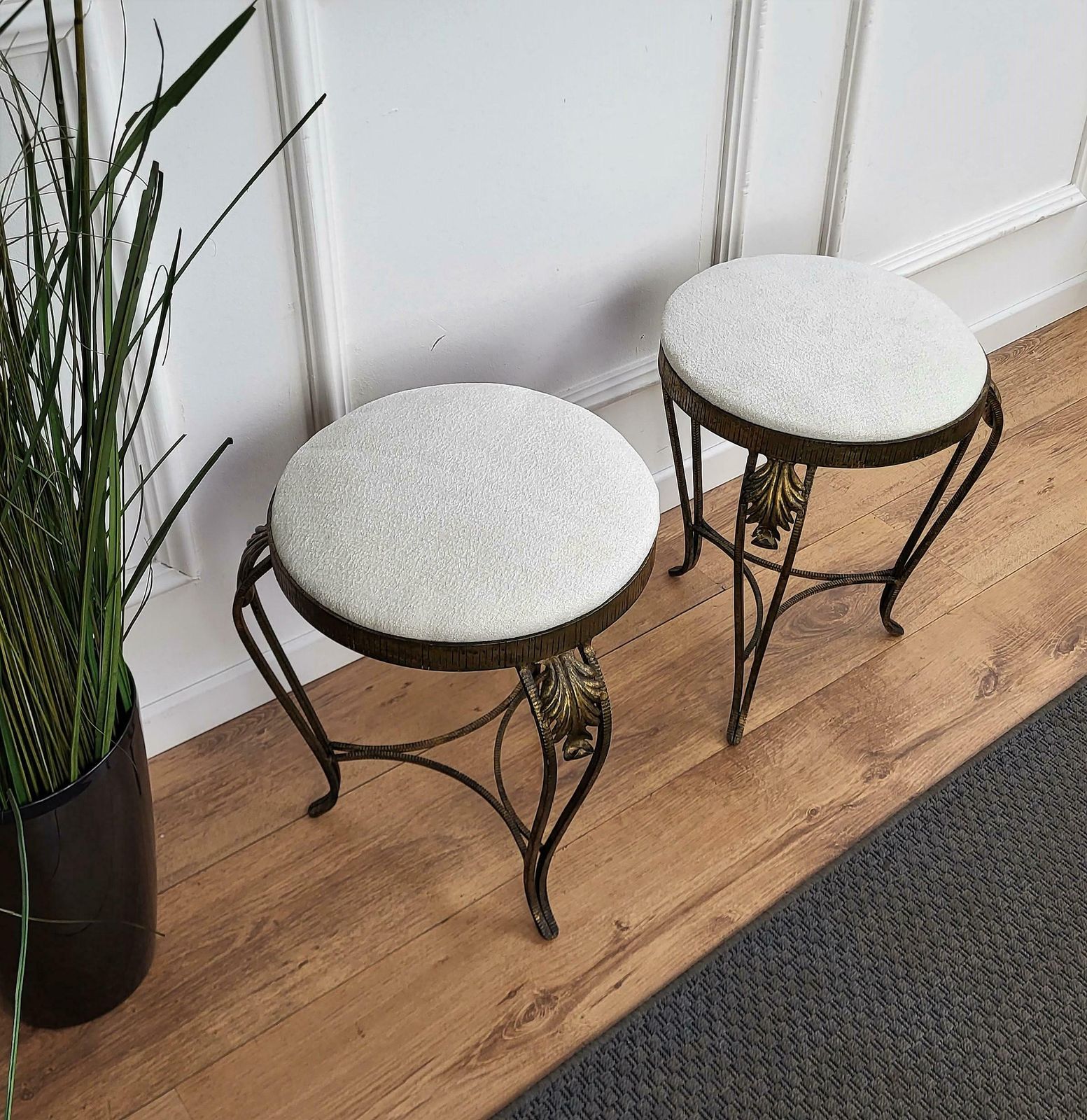 Pair Of Mid Century Italian Brass And White Upholstery Tripod Stools Bench photo vinterior