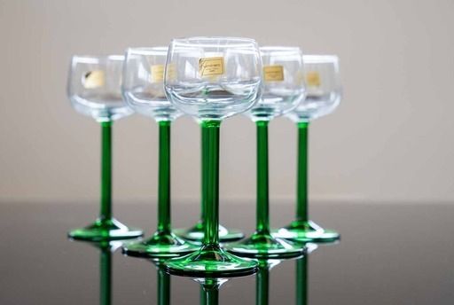 Luminarc France Green Stemmed Liquor / Wine Glasses, Vintage, 1970s, Set Of 6 photo for sale