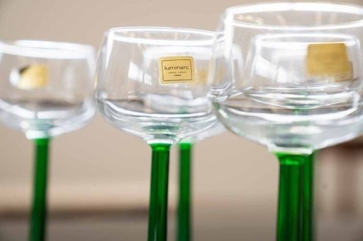Luminarc France Green Stemmed Liquor / Wine Glasses, Vintage, 1970s, Set Of 6 photo vintage