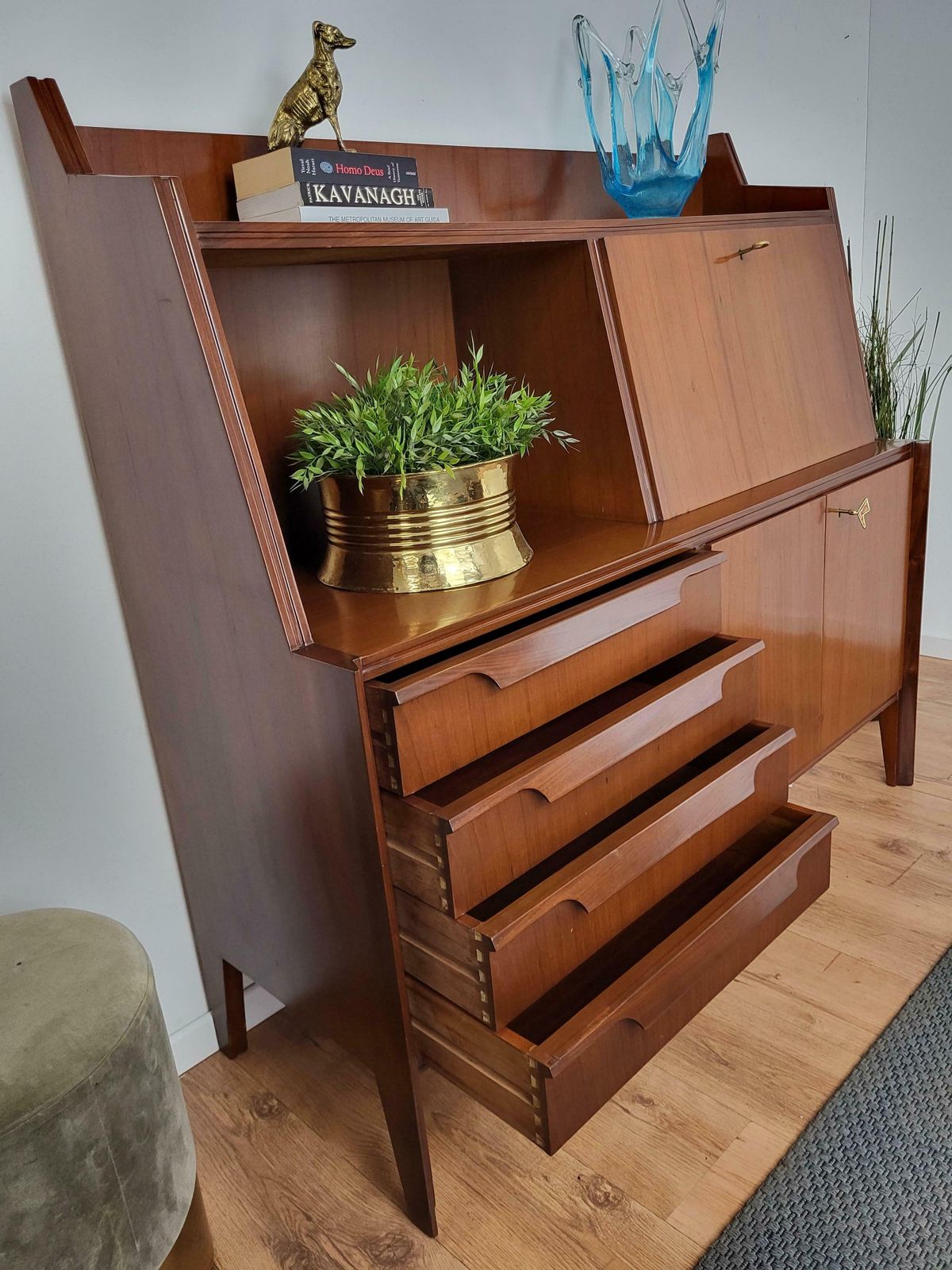1960s Italian Art Deco Mid Century Walnut Wood Credenza Sideboard Bar Cabinet photo vintage