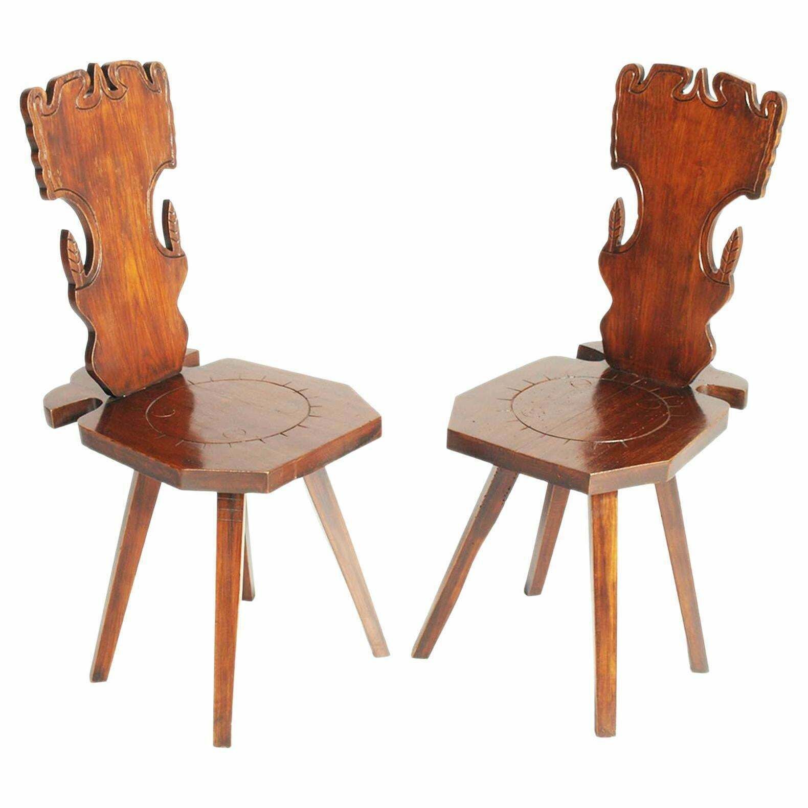 Early 1900s Pair Antique Tyrolean Stool Chair In Hand Carved Walnut Wax Polished