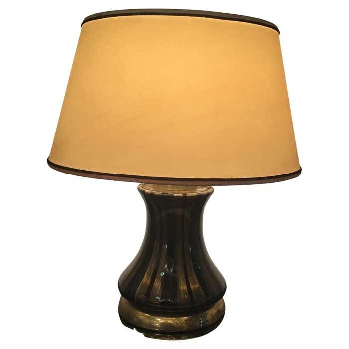 Venini Table Lamp Brass Murano Glass Lampshade Fabric 1950s Italy