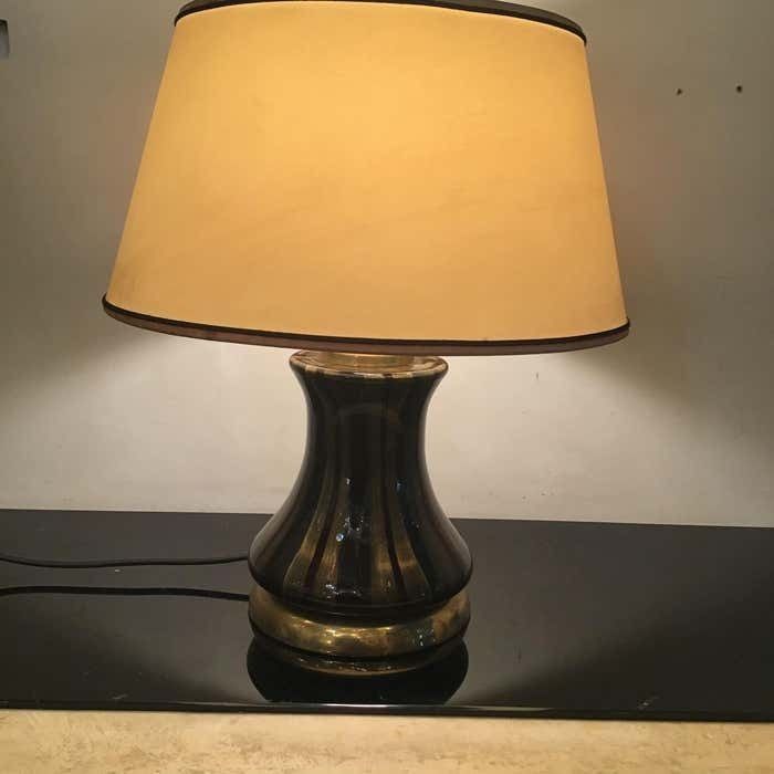 Venini Table Lamp Brass Murano Glass Lampshade Fabric 1950s Italy photo Lighting