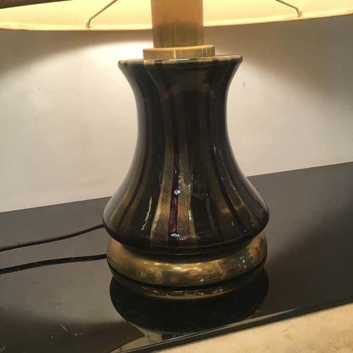 Venini Table Lamp Brass Murano Glass Lampshade Fabric 1950s Italy photo vinterior