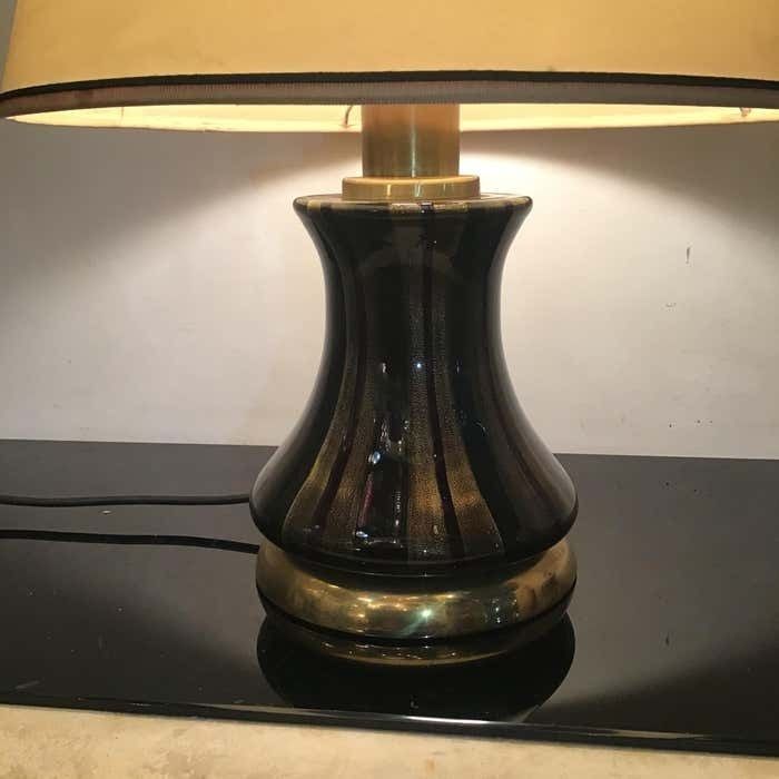 Venini Table Lamp Brass Murano Glass Lampshade Fabric 1950s Italy photo vintage