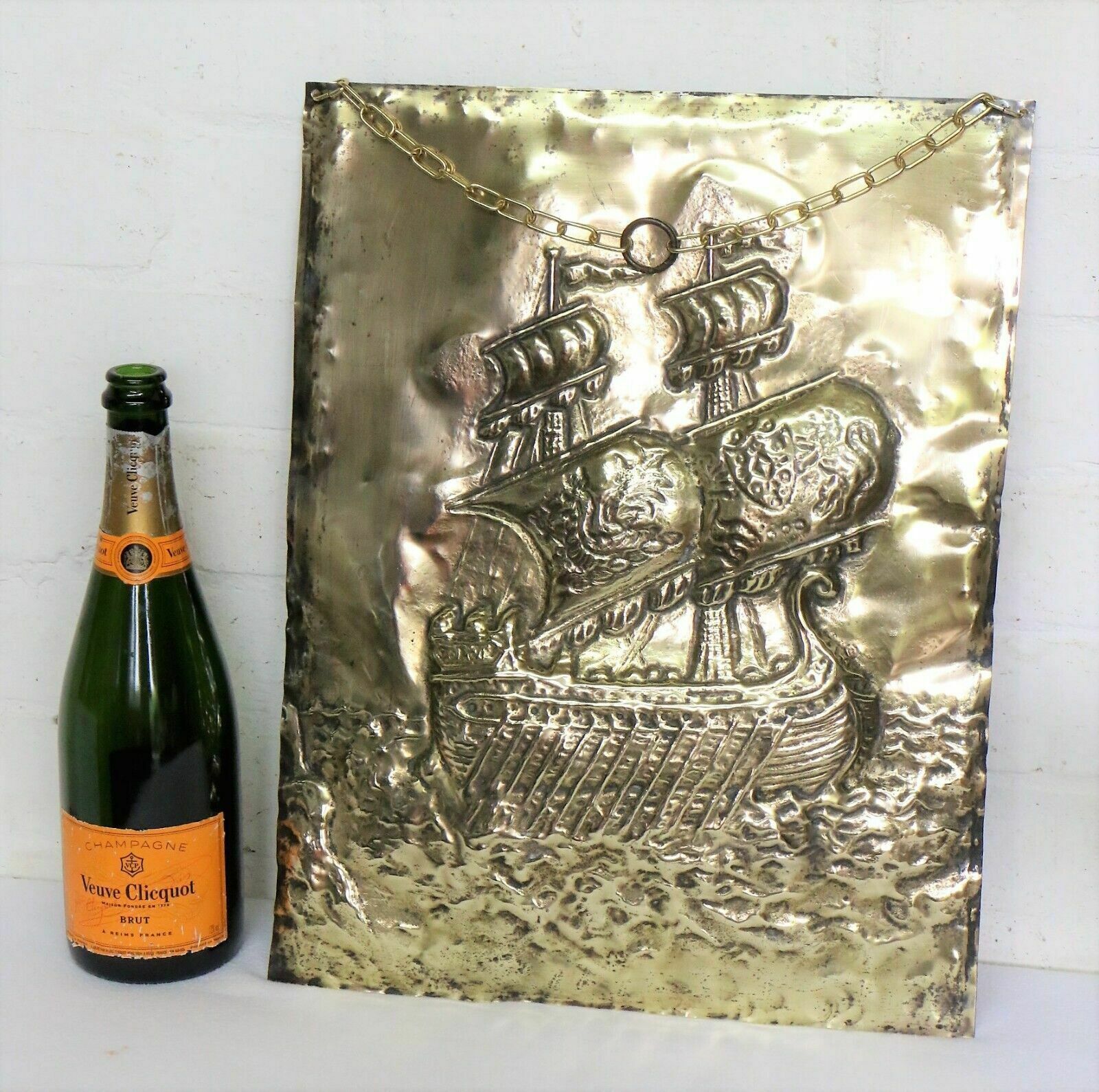 Antique Arts And Crafts English Brass Wall Hanging Galleon High Relief Pub Decor