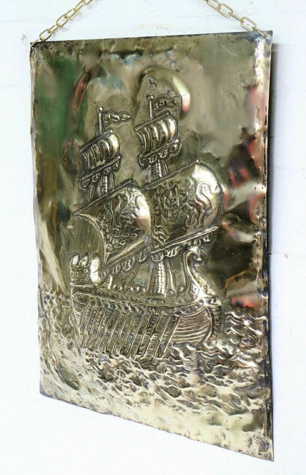 Antique Arts And Crafts English Brass Wall Hanging Galleon High Relief Pub Decor photo 75.0