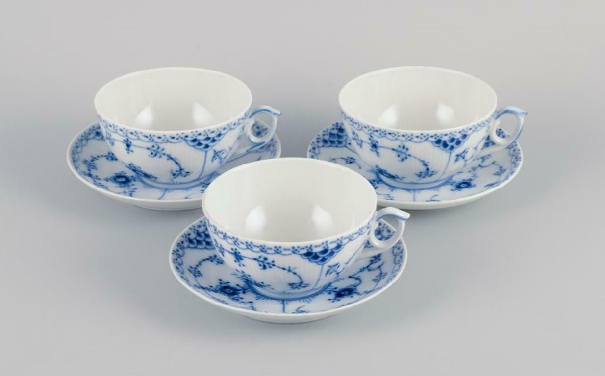 Royal Copenhagen, Blue Fluted Half Lace, Three Pairs Of Large Teacups.