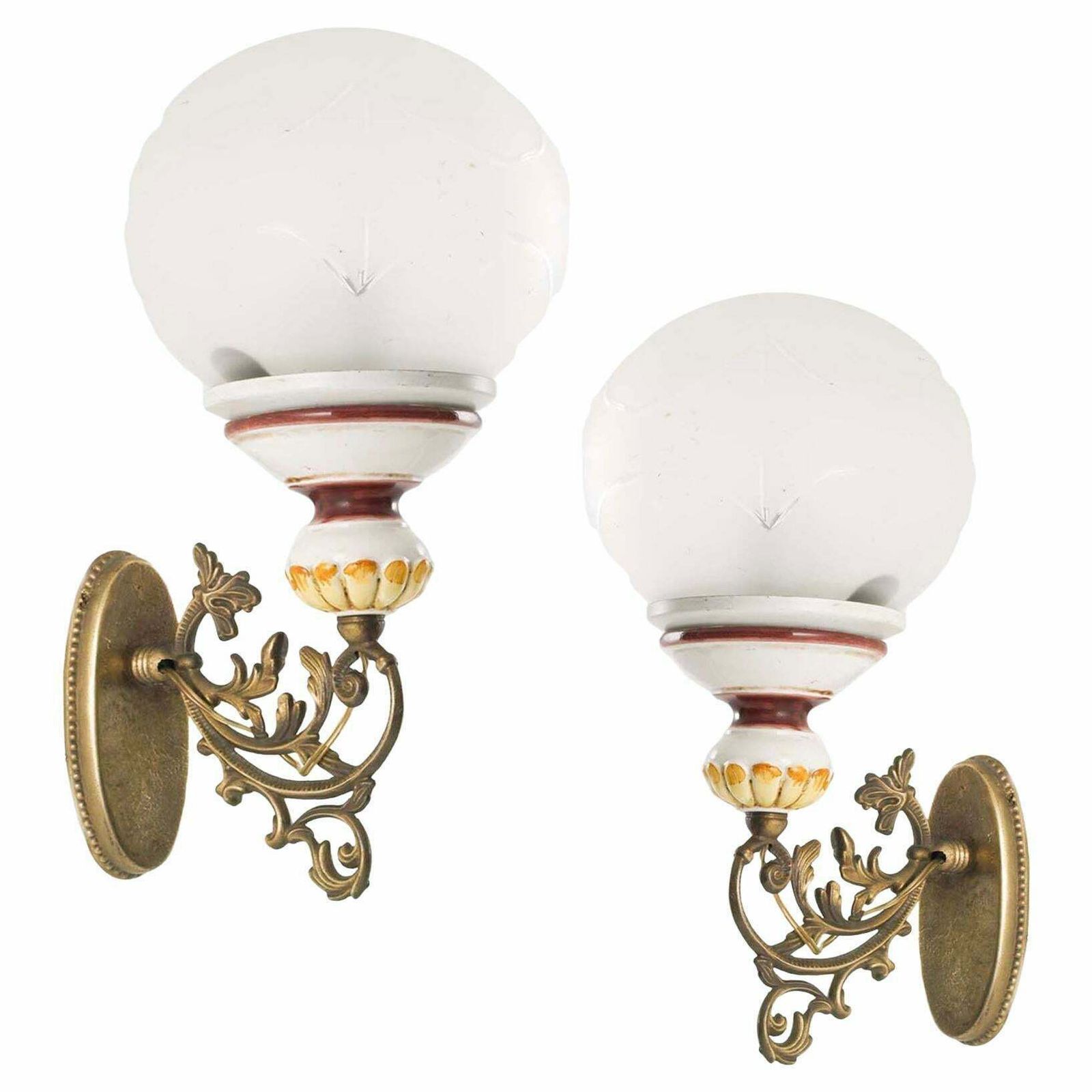 Pair Art Decò Venetian Sconces, Wall Lamps, Engraved Opaline Murano Glass Sfere