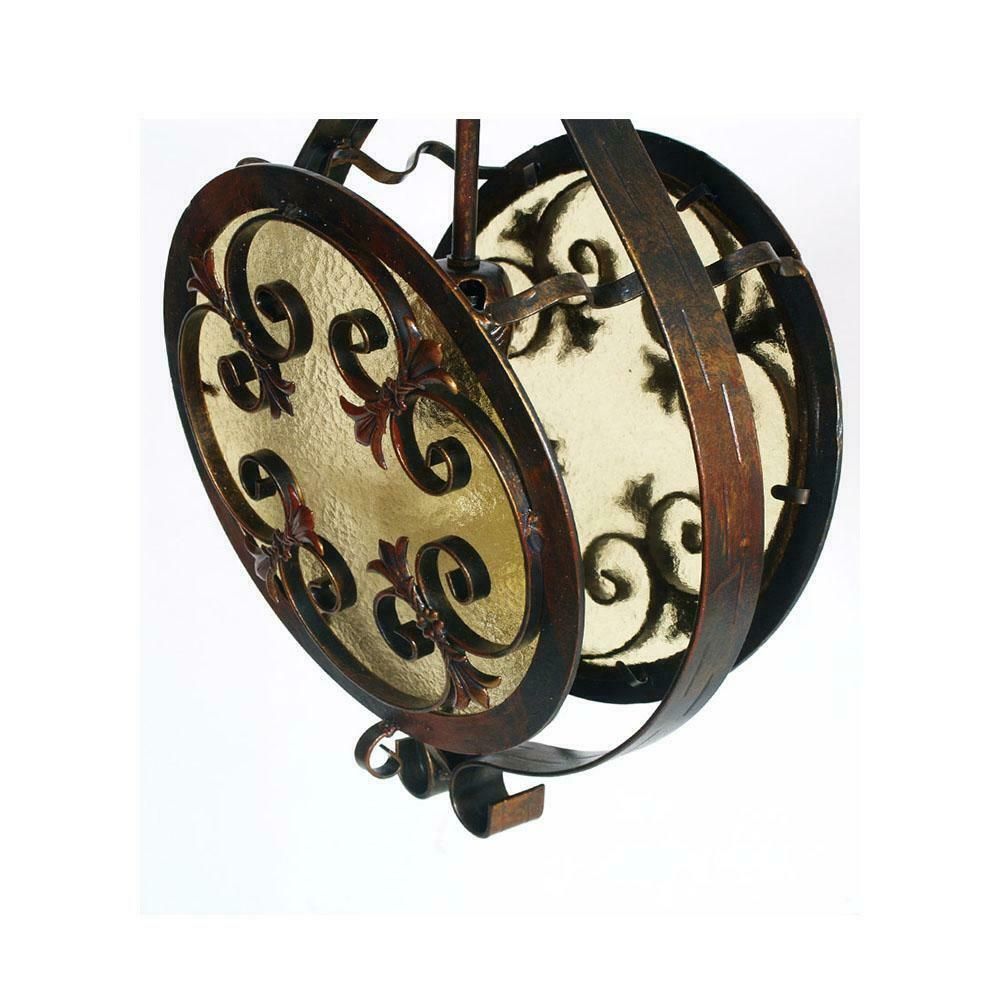 Art Nouveau Pendand Chandelier, Wrought Iron & Bronze Chinchilla Glass Diffuser photo for sale
