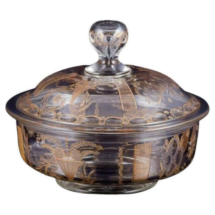Lidded French Bowl In Mouth Blown Glass With Faceted Motifs And Gold Decoration. photo furniture