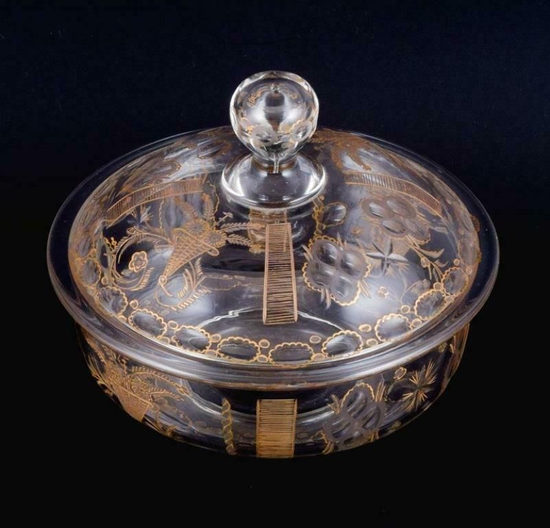 Lidded French Bowl In Mouth Blown Glass With Faceted Motifs And Gold Decoration. photo Home Decor