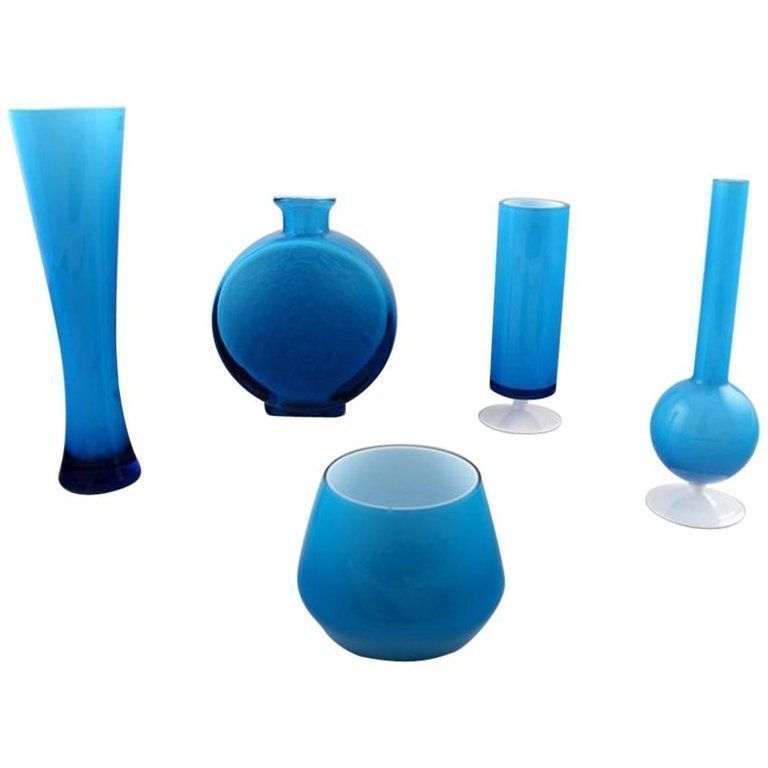 Collection Of Swedish Art Glass, Five Turquoise Vases In Modern Design