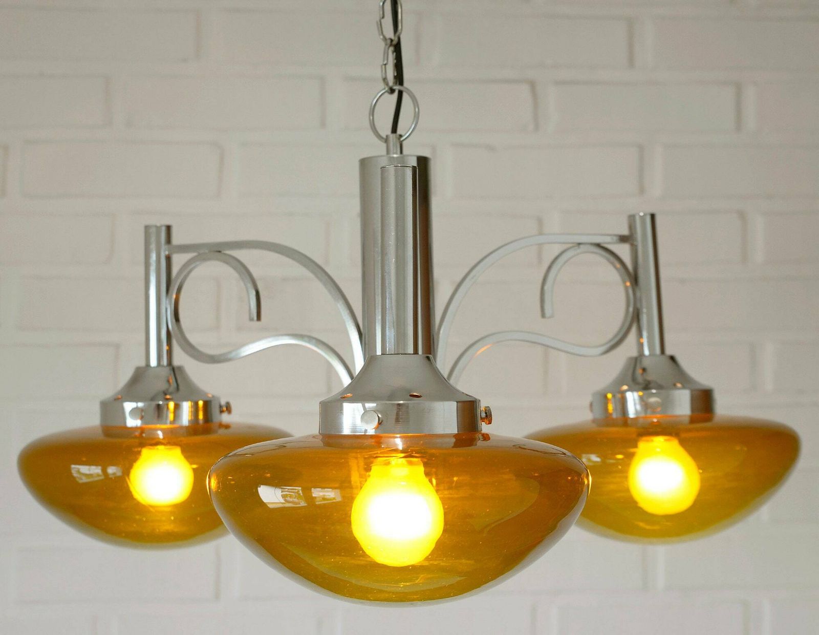 Large Vintage Chandelier / Spage Age / Yugoslavia 1970s / Chrome Pendant Light / Mid Century Modern / Amber Glass / Mcm Light Fixture