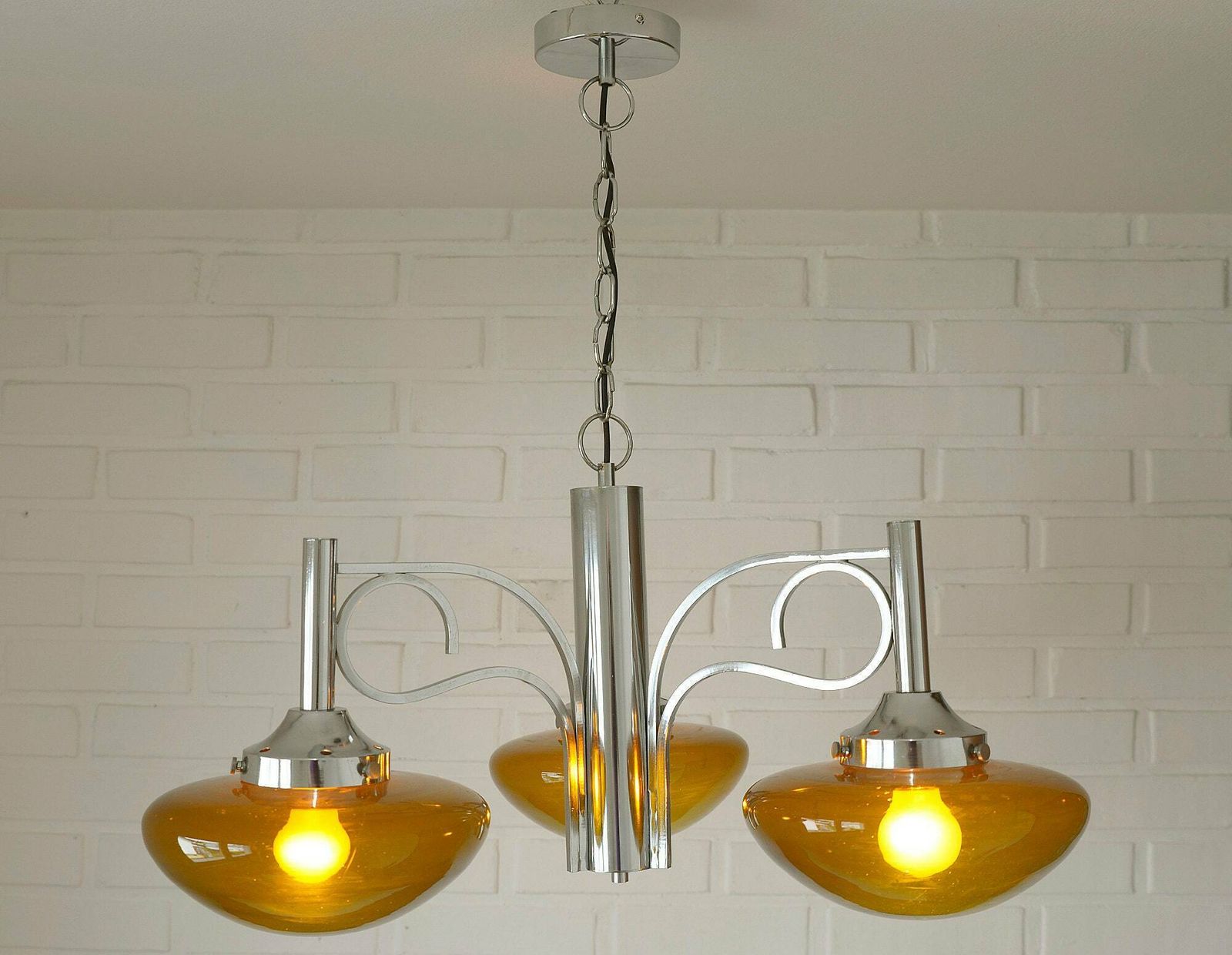 Large Vintage Chandelier / Spage Age / Yugoslavia 1970s / Chrome Pendant Light / Mid Century Modern / Amber Glass / Mcm Light Fixture photo for sale
